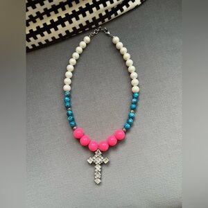 Super fun Pink and Blue Beaded Necklace with Cross Pendant